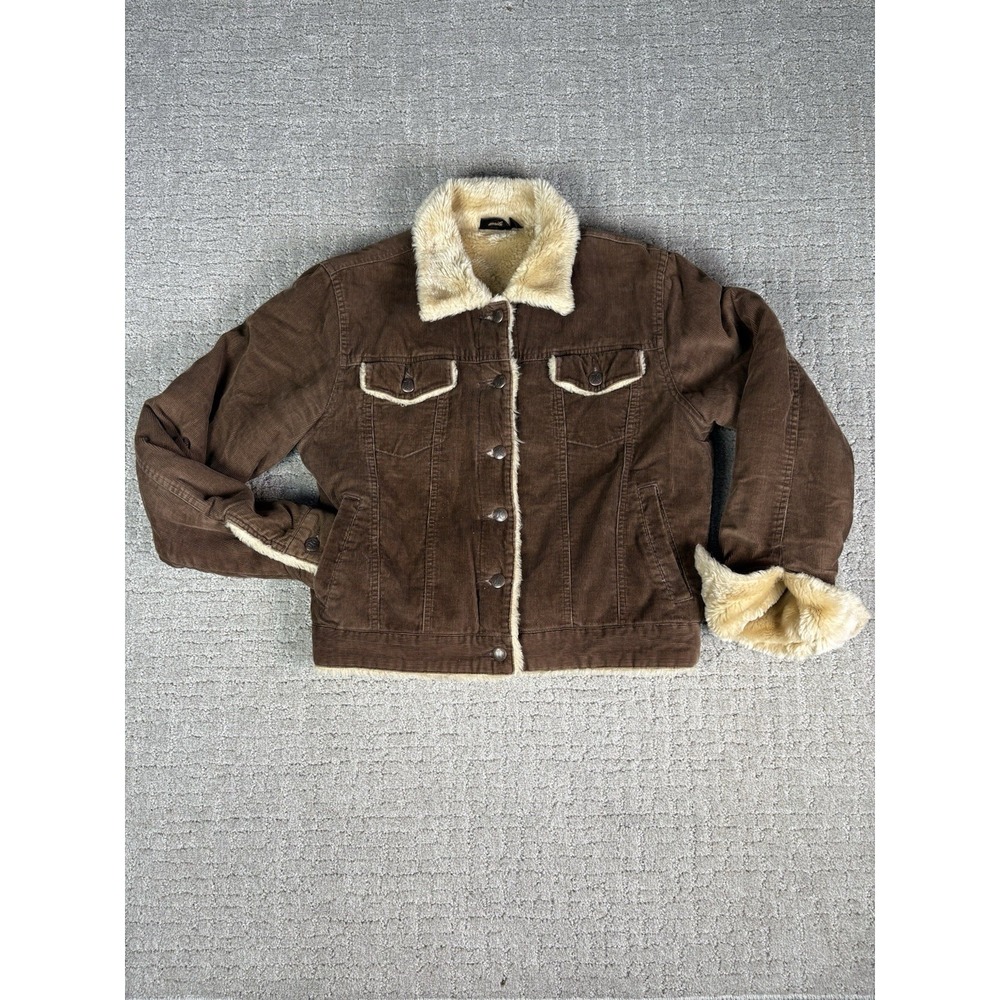 Hurley Womens Corduroy Trucker Jacket Brown Faux Fur Trim Bomber Y2K Vintage M